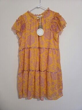 Umgee Orange And  Pink Floral Tiered Mini Dress NEW